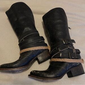 Freebird Black Leather Heeled Boots with Buckle Detail